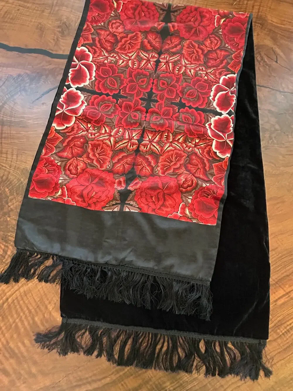 Pineda Covalin Silk Velvet Floral Shawl Scarf Gothic Red Fringe Designer Wrap